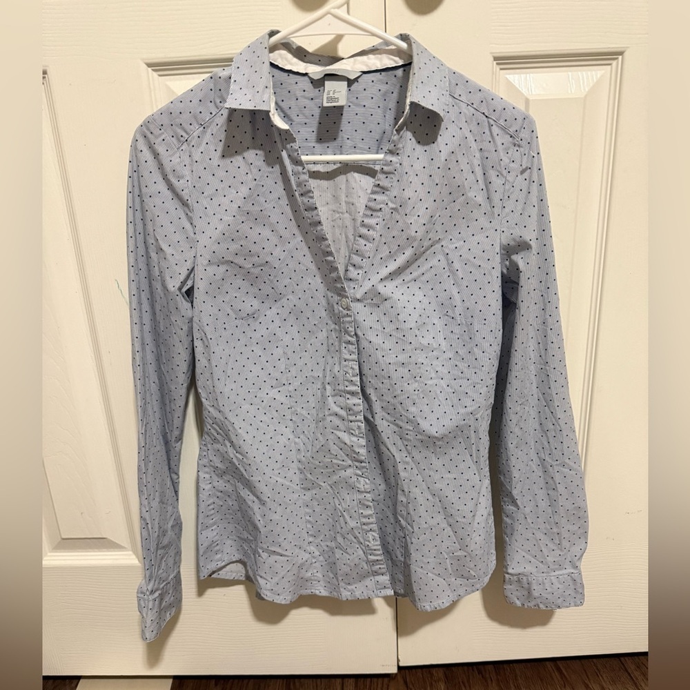 H&M Clean Micro Print Long Sleeve Shirt Elevated Basic Office Wear Workday Ready - Picture 2 of 6